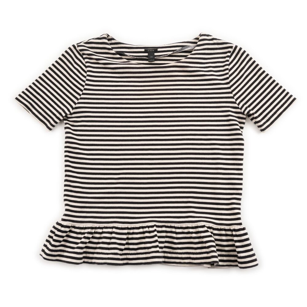 J. CREW Black White Striped Short Sleeve Ruffled Hem Top size XXS